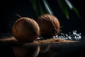 The camera is getting closer to a coconut in a studio that has a dark background photo