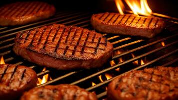 close up of meat on the grill and group of friends at background. AI Generated photo