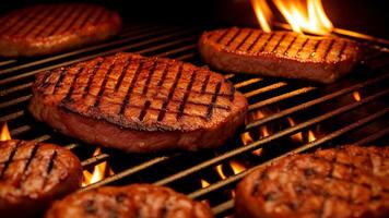 close up of meat on the grill and group of friends at background. photo