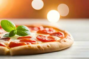 nosotros son dando un lote de atención a un queso Pizza llamado margherita eso es metido en frente de un brillantemente iluminado antecedentes en un estudio ai generado foto