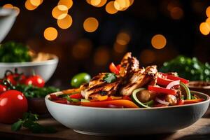 The camera is zoomed in on a Chicken Fajita Bowl, while the background of a beautiful oven is blurry photo