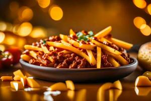 The camera is zoomed in on a plate of Chili Cheese Fries The background is a well lit studio AI Generated photo