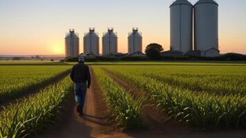 Rear view of a farmer at dawn, walking through a dew kissed corn field towards distant grain silos. photo