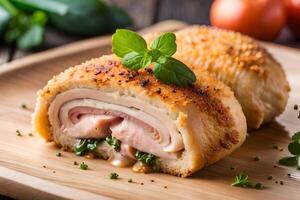 The camera is zooming in on Chicken Cordon Bleu, with a bright light behind it in the studio AI Generated photo