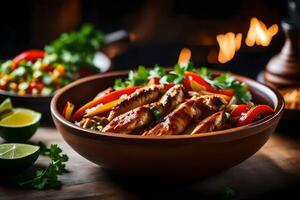 The camera is capturing a close up photo of a Chicken Fajita Bowl, but the oven in the background looks fuzzy and not sharp AI Generated