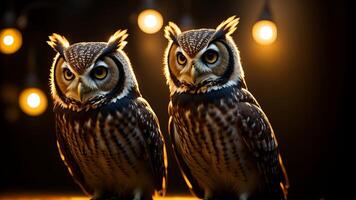 Studio portrait of surprised owl, on studio background. photo