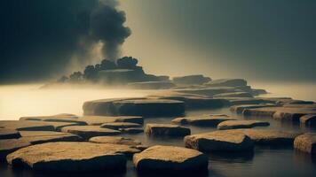 resumen mínimo concepto. oscuro antecedentes con natural granito piedras podio en agua y fumar circundante. ai generado foto