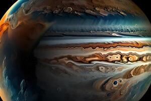 When viewed from space, Jupiter's rotating layers of different colors look very pretty AI Generated photo