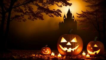 Halloween background. Jack o lantern against the backdrop of a mystical castle and a gloomy forest. AI Generated photo