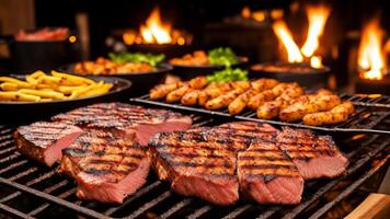 close up of meat on the grill and group of friends at background. photo
