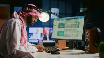 glad muslim mäklare investerare jämförande stock utbyta värdering finansiell vinst tal. arab aktieägare i vagt upplyst rum ser på marknadsföra aktier tillväxt diagram, tar anteckningar video