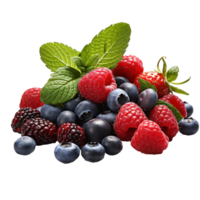 a mound of strawberries, raspberries, blueberries and mint, isolated png