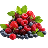 a mound of strawberries, raspberries, blueberries and mint, isolated png