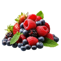 a mound of strawberries, raspberries, blueberries and mint, isolated png