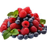 a mound of strawberries, raspberries, blueberries and mint, isolated png