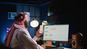 Muslim teleworker and coworkers in internet video call checking analytical data statistics. Arab manager optimizing key performance indicators in teleconference meeting with subalterns
