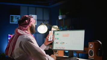 Muslim Telearbeiter und Mitarbeiter im Internet Video Anruf Überprüfung analytisch Daten Statistiken. arabisch Manager optimieren Schlüssel Performance Indikatoren im Telefonkonferenz Treffen mit Subalterne