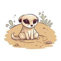 Cute cartoon meerkat sitting on the sand. Vector illustration.