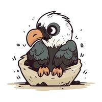 Vector illustration of a cute cartoon bald eagle sitting in a bowl.