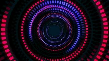 een cirkel van knippert neon gekleurde blauw en rood gloeiend digitaal gegevens lichten technologie achtergrond. video
