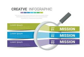 Education infographic with magnifying glass element. Presentation 3 steps template design, Colorful vector template for presentation and training.