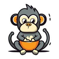Cute monkey sitting in a bowl of food. Vector illustration.