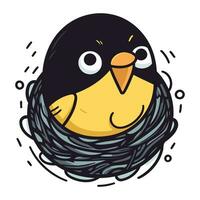 Cute cartoon penguin in the nest. Vector illustration isolated on white background.