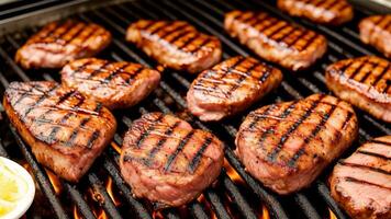 close up of meat on the grill and group of friends at background. photo