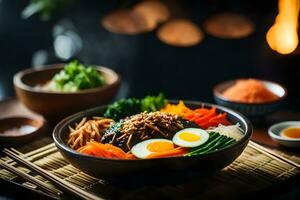 The camera is moving closer to show a tasty and well liked Korean food called Bibimbap Sometimes, it can be hard to understand things and confusing to figure out why they happen AI Generated photo