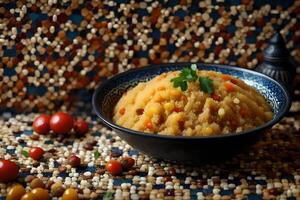 There is a plate of yummy smelling Moroccan couscous on a table that has a pretty tiled design photo