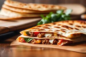 The camera is getting closer to a picture of a Quesadilla There is a bright light shining from behind it in the studio photo