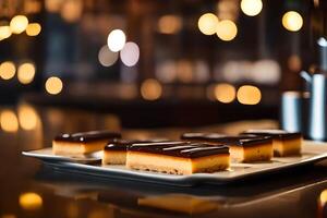 This text discusses a yummy dessert called Millionaire's Shortbread The photo displays a lovely restaurant far away