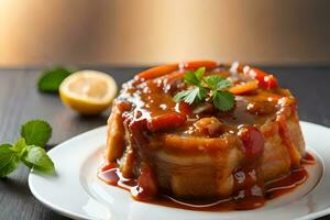 The camera zoomed in on the Osso Buco dish with a bright light shining in the background of a studio AI Generated photo