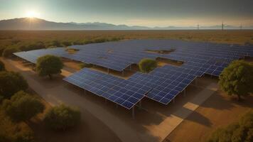 Solar power station with solar panels for producing electric power energy by green power. photo