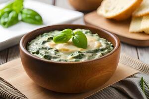 The picture shows a close up of Spinach and Artichoke Dip with a bright light in the background photo