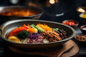 The camera is moving nearer to Bibimbap, which is a well liked Korean meal It is difficult to understand what is happening behind something photo