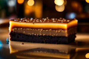 This text is about a detailed look at a dessert called Millionaire's Shortbread, which is shown with a fancy restaurant in the background AI Generated photo