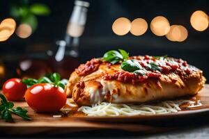 This text is about a picture of Chicken Parmesan This picture shows a plate close, with a blurry background that looks good photo