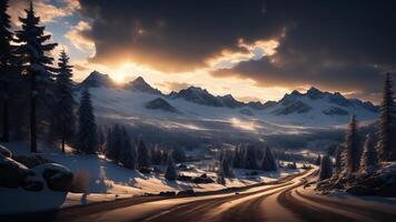 Winter landscape with snowy mountains. AI Generated photo