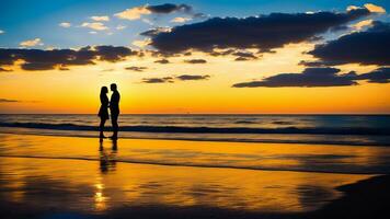 silhouette of a couple on the beach at sunset. AI Generated photo