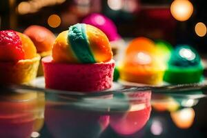 Take a closer look at a delicious dessert called Rainbow Sorbet There is a pretty restaurant far away AI Generated photo