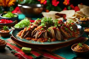 A tasty Mexican dish called carnitas is put on a pretty table at a party AI Generated photo