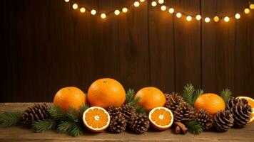 christmas holidays background festive decoration cinnamon, pinecones, and oranges on a wooden table. AI Generated photo