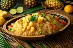 A tasty Thai meal called pineapple fried rice is served in a bowl on a tray made from bamboo AI Generated photo