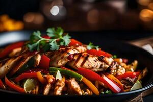 The camera is taking a close up picture of a Chicken Fajita Bowl, but the oven in the background appears blurry and not clear photo