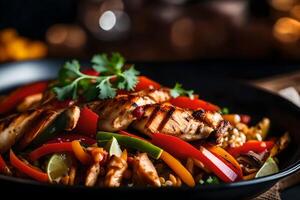 The camera is taking a close up picture of a Chicken Fajita Bowl, but the oven in the background appears blurry and not clear AI Generated photo