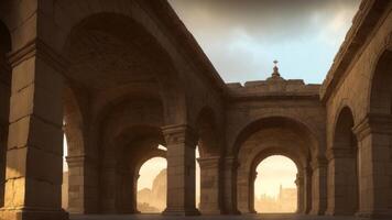 Ancient classic architecture stone arches with flames. photo