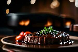 In the picture, the dish that stands out the most is a meal made with beef and sauce made from black beans The background is hard to see AI Generated photo