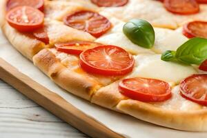 We are paying a lot of attention to a Margherita Pizza, which is set against a well lit studio background AI Generated photo