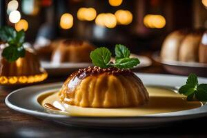 Take a good look at the Roly Poly Pudding, and right behind it is a nice restaurant AI Generated photo